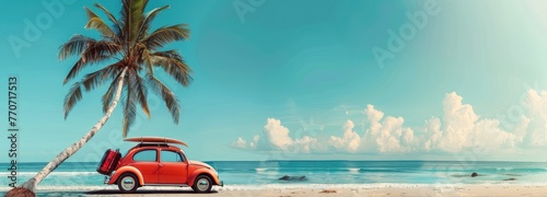 summer holiday concept vintage van with luggage , surfboard and beach accessories on the beach, palm tree, blue sky, summer vacation.