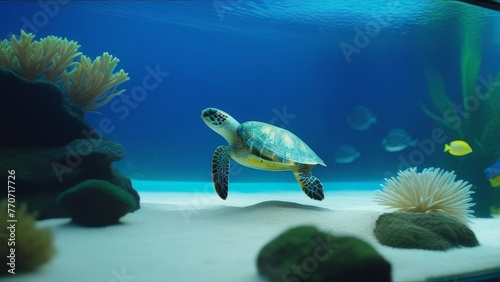 A turtle is walking on the sand near the water. The turtle is small and has a brown and black shell