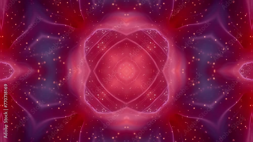 Kaléidoscope chaleureux en fleur bouclable dans des tons orange rouge et bleu avec des traits et des particules. Warm flower kaleidoscope in orange, red and blue tones with lines and particles. 