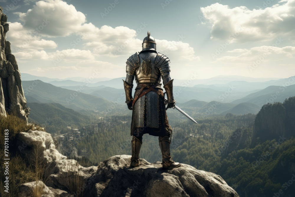 A knight in shining armor, standing atop a hill, overlooking a vast kingdom