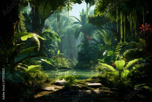 A lush  tropical rainforest with a variety of plants and trees