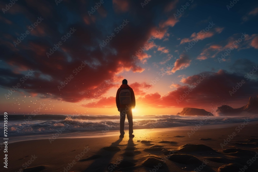 A person standing on a beach, with a beautiful sunrise in the background