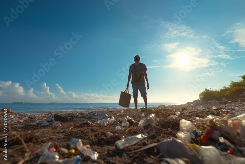 A person collecting trash on a beach with a clear blue sky and a bright sun shining down