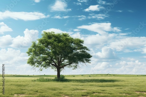 A single tree standing tall, its branches spread wide, in a grassy field, with blue sky and white clouds in the background
