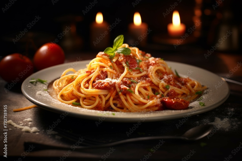 A plate of freshly cooked spaghetti with a rich and flavorful tomato sauce A plate of freshly cooked spaghetti with a rich and flavorful tomato sauce