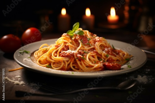 A plate of freshly cooked spaghetti with a rich and flavorful tomato sauce