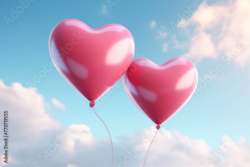 Two heart-shaped balloons  one red and one pink  floating in a bright and vibrant sky