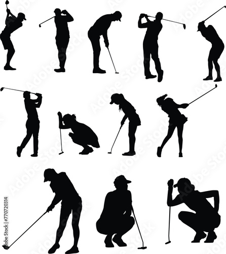 Set of golf player silhouette in various pose illustration