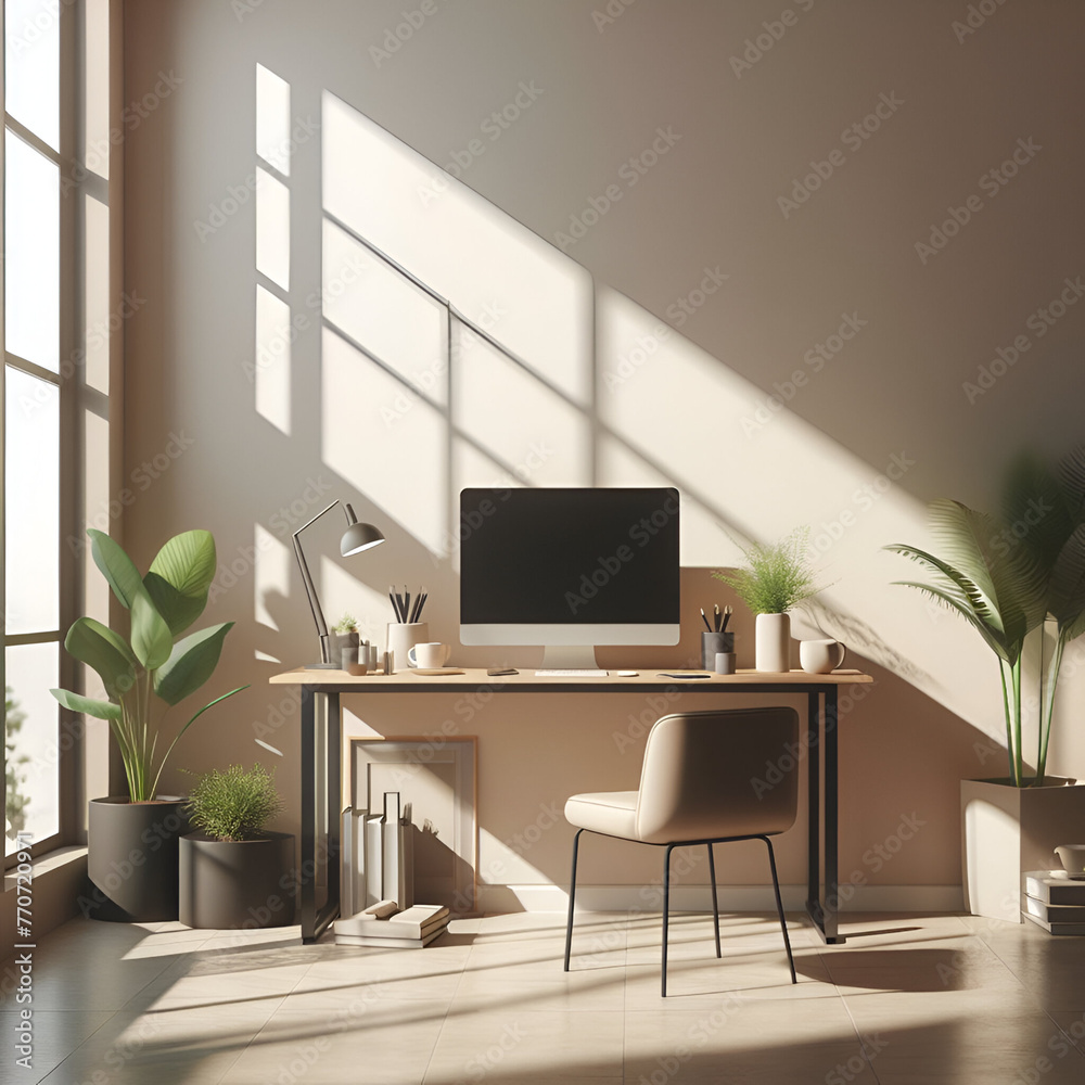 Minimalist Office Space A clean, uncluttered office space with natural light streaming through a large window. Plants add a touch of life Minimalist Office Space A clean, uncluttered office space with natural light streaming through a large window. Plants add a touch of life