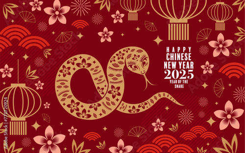 Happy chinese new year 2025 the snake zodiac sign logo with lantern,flower, and asian elements red paper cut style on color background. ( translation : year of the snake, happy new year 2025 )