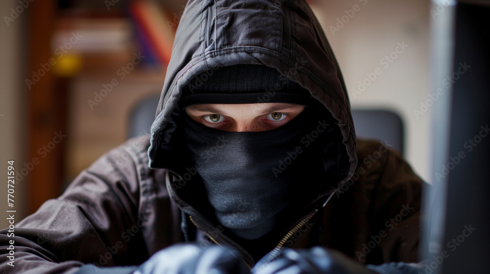 A hacker in a black hood is trying to break into a computer system. A hacker in a black hood is trying to break into a computer system.
