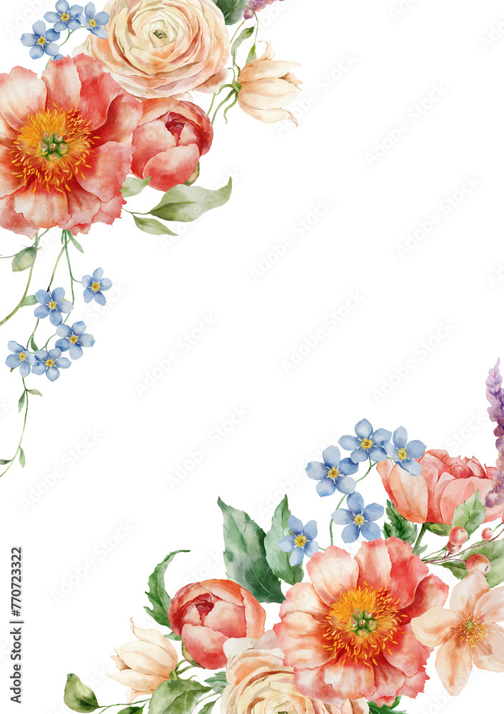 Watercolor card of flowers bouquet with peony, ranunculus and leaves. Hand painted card of floral elements isolated on white background. Holiday Illustration for design, print or background.