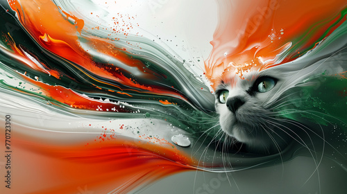 Tête de chat en gros plan imbriqué dans des vagues de peinture 3D photo