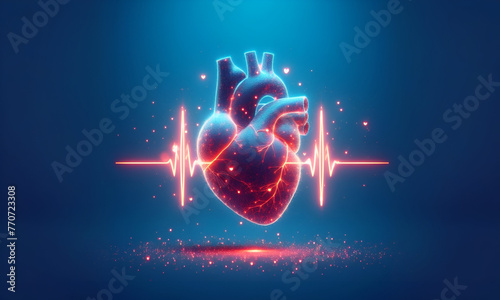 photo real heart and 1 line Heartbeat on blue background photo