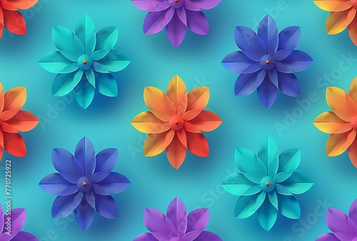 Vibrant paper flowers in various colors neatly arranged against a bright teal background