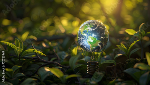 A hand holds a light bulb with a green plant inside, set against a background of plant leaves. Concepts of sustainable energy, natural power grids, and environmental protection. Copy space.