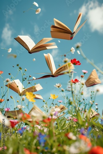 Whimsical scene of open books flying in blue sky above a colorful meadow of wildflowers, depicting imagination and freedom