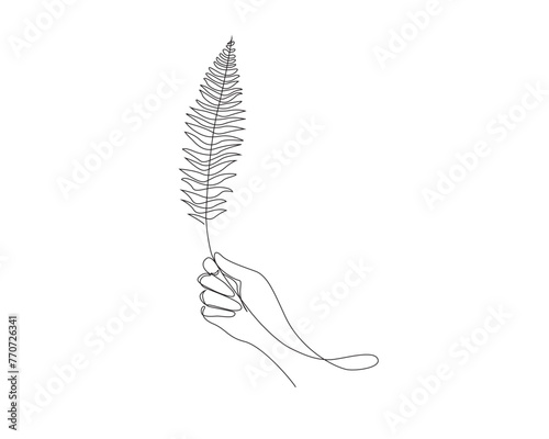 Continuous one line drawing of hand holding tropical leaf. Hand holds Polypodiales leaf outline design.  Editable stroke. photo