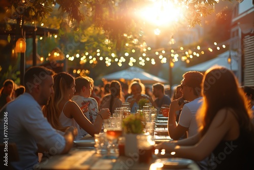 Group of people out of focus in summer outdoor restaurant. Summer vibe, atmosphere, sunset, lots of lights, celebration © Тамара Печеная