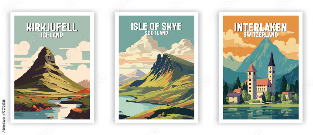 Kirkjufell, Isle of Skye, Interlaken Illustration Art. Travel Poster Wall Art. Minimalist Vector art