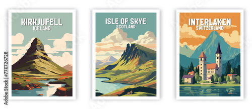 Kirkjufell, Isle of Skye, Interlaken Illustration Art. Travel Poster Wall Art. Minimalist Vector art