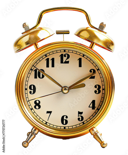 Vintage gold alarm clock indicating time png on transparent background