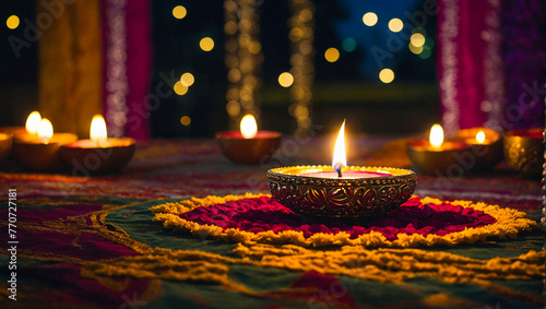 Diwali Festival Of Lights design with stylish and realistic oil lamp and Diwali elements