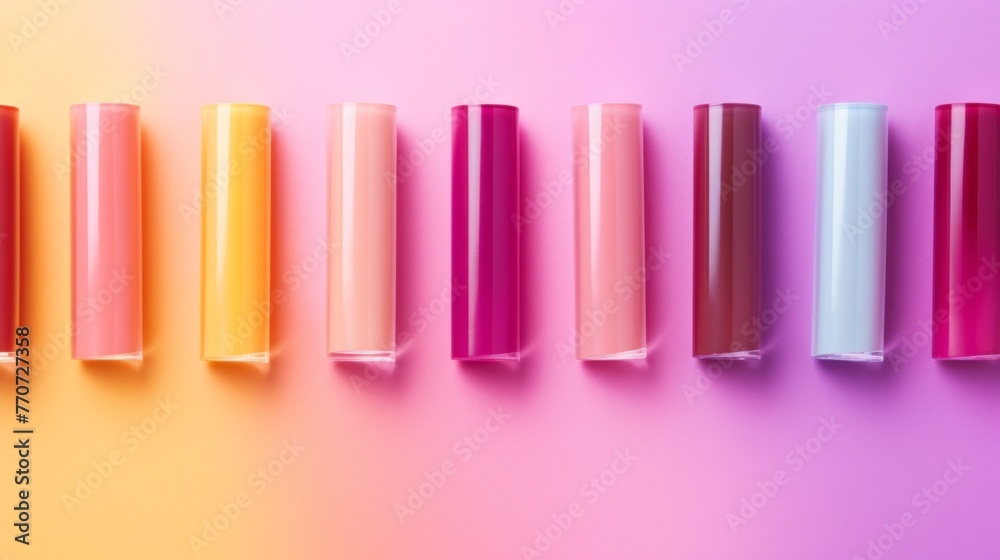 Fototapeta premium A row of colorful nail polish bottles lined up on a table