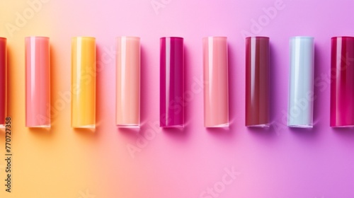 A row of colorful nail polish bottles lined up on a table