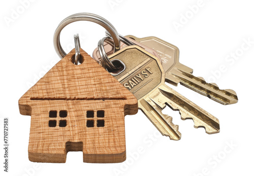 Wooden house-shaped keyring with keys png on transparent background