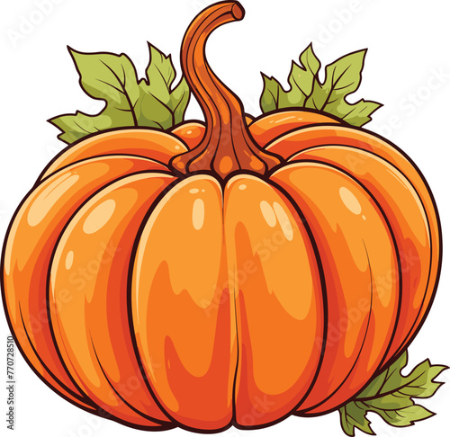 Vector illustration of a pumpkin with autumn leaves isolated on a white background.
