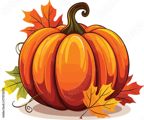 Vector illustration of a pumpkin with autumn leaves isolated on a white background.