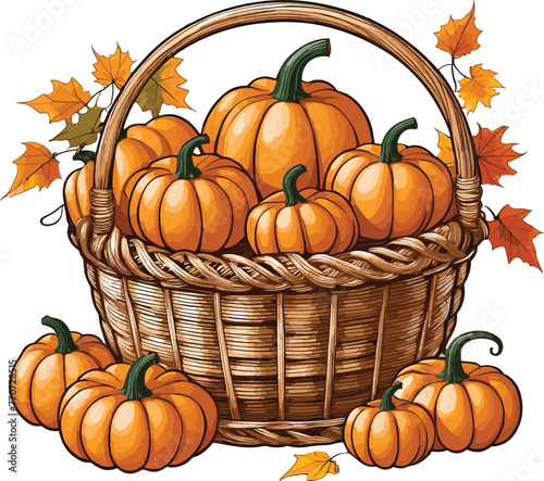 Vector illustration of a rustic wicker basket full of ripe orange pumpkins on a white background