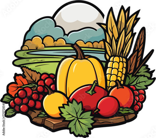 Vector illustration of an autumnal scene with colorful foliage and an abundance of harvest