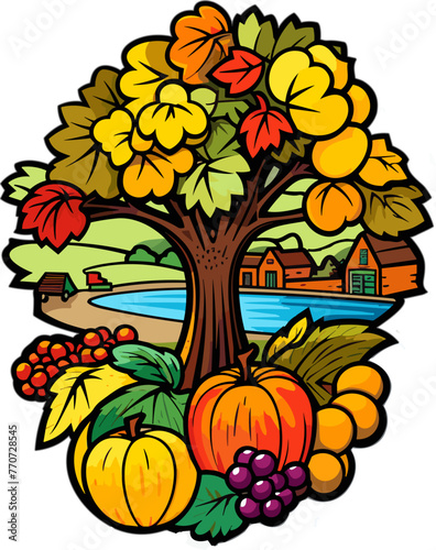 Vector illustration of an autumnal scene with colorful foliage and an abundance of harvest