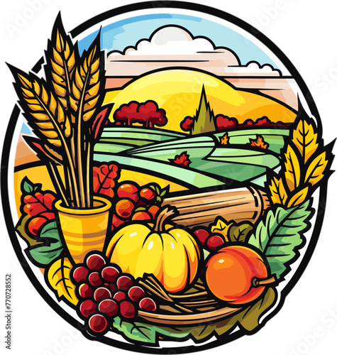Vector illustration of an autumnal scene with colorful foliage and an abundance of harvest