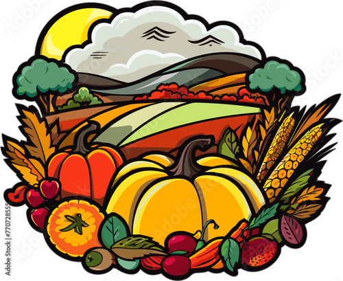 Vector illustration of an autumnal scene with colorful foliage and an abundance of harvest