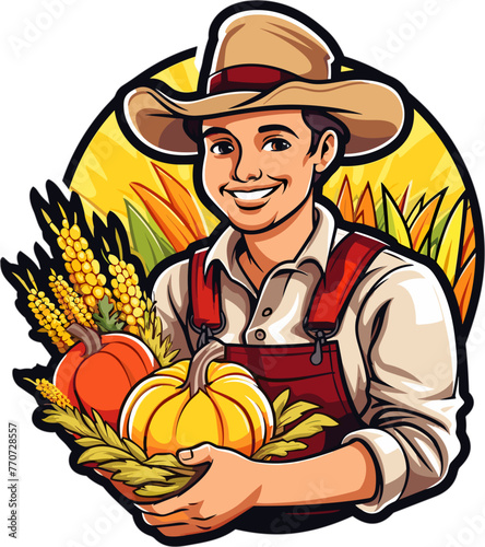 Vector illustration of a cartoon cheerful farmer in a wheat field holding harvested vegetables