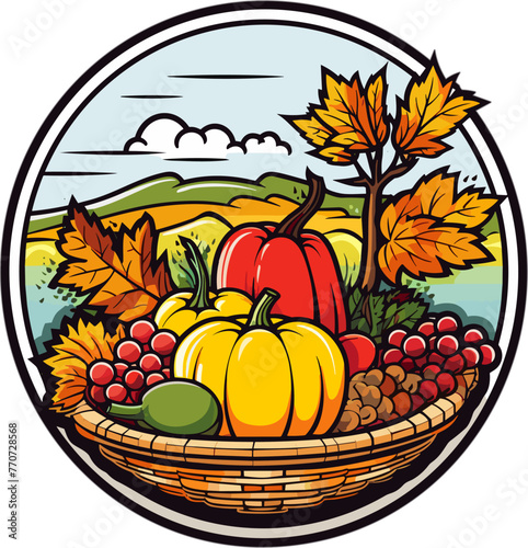 Vector illustration of an autumnal scene with colorful foliage and harvest in a basket
