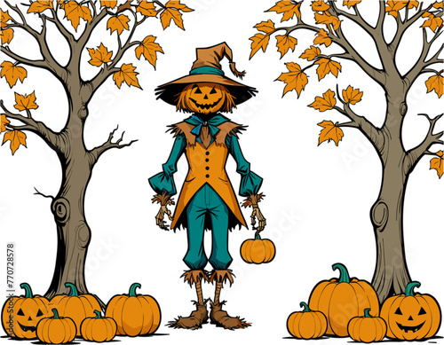 Vector illustration of a Halloween themed cartoon scarecrow with pumpkin head on a white background