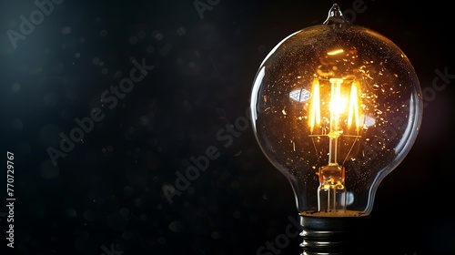 Glowing light bulb with glowing particles on dark background.