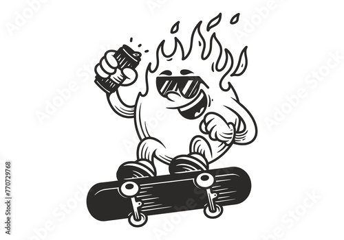 Line art character of fire flame jumping on the board