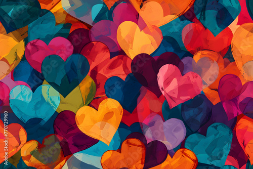 seamless full-frame background of colorful hearts. Neural network generated image. Not based on any actual person or scene.