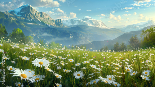 field of daisies in the mountains background panorama