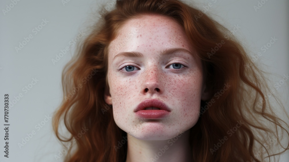 A woman with red hair and freckles is standing in front of a white background A woman with red hair and freckles is standing in front of a white background