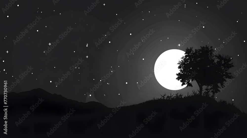 Serene Moonlit Night with Sparkling Stars and Silhouetted Tree - Perfect for Relaxation and Meditation Backdrop