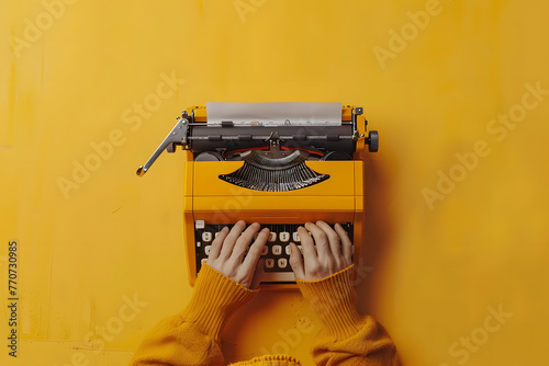 Inspired writer typing on a vintage typewriter, isolated on a creative mustard yellow background, channeling literary creativity