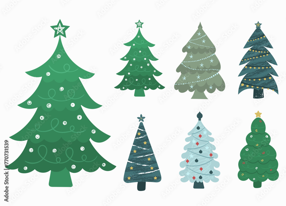 Set of cartoon Christmas trees, pines for greeting card, invitation, banner, web. New Years and xmas traditional symbol tree with garlands, light bulb, star. Winter holiday. Flat design.