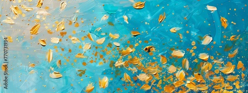 Abstract oil painting of gold falling flowers on blue background, golden yellow and turquoise color