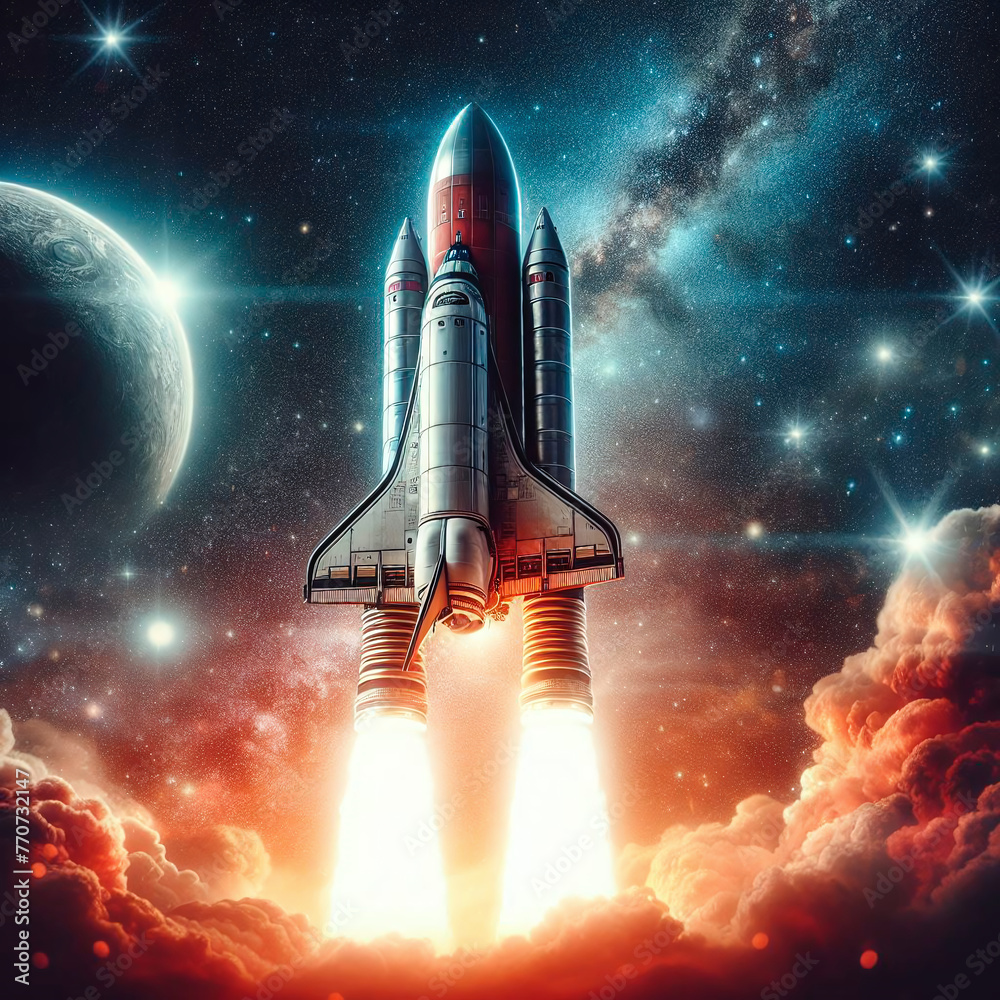 Space rocket taking off into space. 3D rendering. Elements of this image furnished by NASA
